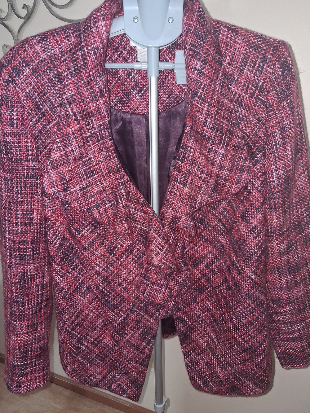 Chico's Pink & Black Tweed Ruffled Open Front  Blazer